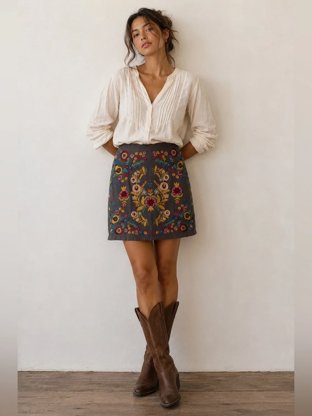 Umgee USA Boho Embroidered Mini Skirt Floral Gray Cotton Linen Medium